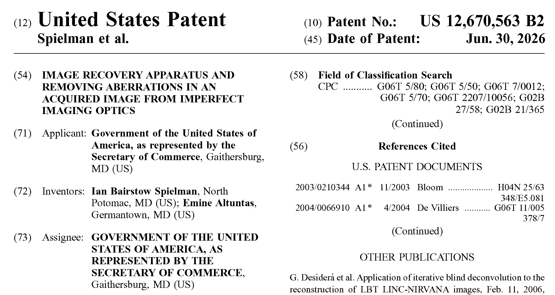 U.S. Patent US12670563B2: Image recovery apparatus and removing aberrations in an acquired image from imperfect imaging optics
